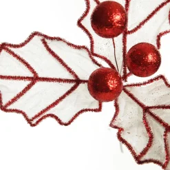 White Glitter Holly Leaf Stem with Red Tinsel Trim Best