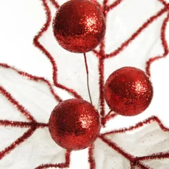 White Glitter Holly Leaf Stem with Red Tinsel Trim Best