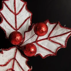 White Glitter Holly Leaf Stem with Red Tinsel Trim Best