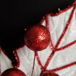 White Glitter Holly Leaf Stem with Red Tinsel Trim Best