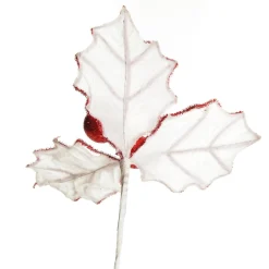 White Glitter Holly Leaf Stem with Red Tinsel Trim Best