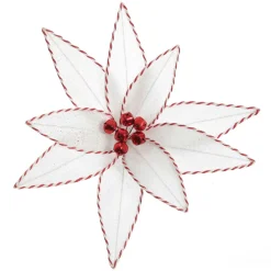 White Glitter Poinsetta Flower Clip with Twine Trim and Bells Best