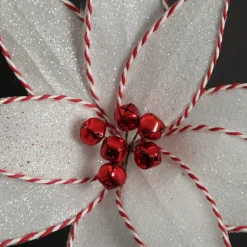 White Glitter Poinsetta Flower Clip with Twine Trim and Bells Best
