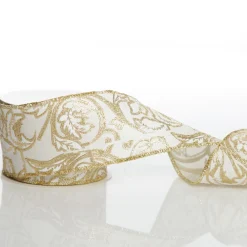 White Linen with Gold Glitter Floral Pattern Ribbon - 6.5cm Fashion