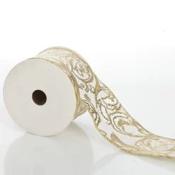 White Linen with Gold Glitter Floral Pattern Ribbon - 6.5cm Fashion