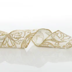 White Linen with Gold Glitter Floral Pattern Ribbon - 6.5cm Fashion