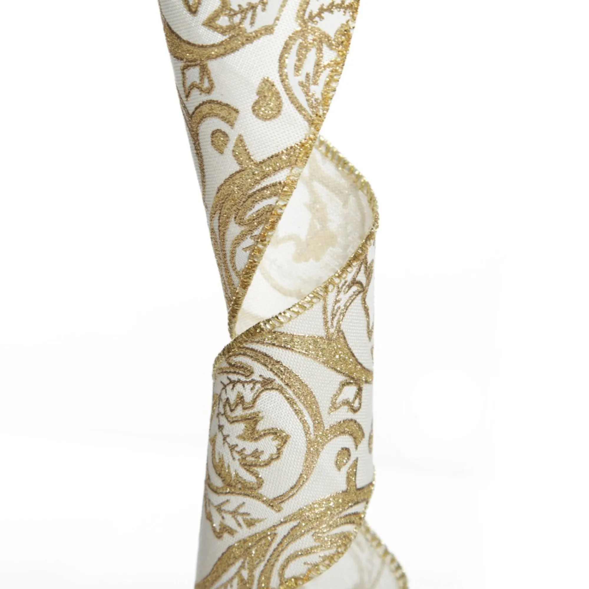 White Linen with Gold Glitter Floral Pattern Ribbon - 6.5cm Fashion