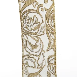 White Linen with Gold Glitter Floral Pattern Ribbon - 6.5cm Fashion