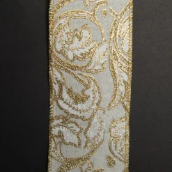 White Linen with Gold Glitter Floral Pattern Ribbon - 6.5cm Fashion