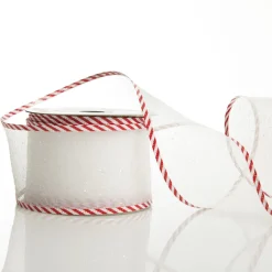 White Organza Glitter Ribbon with Candy Cane Trim - 6cm Hot