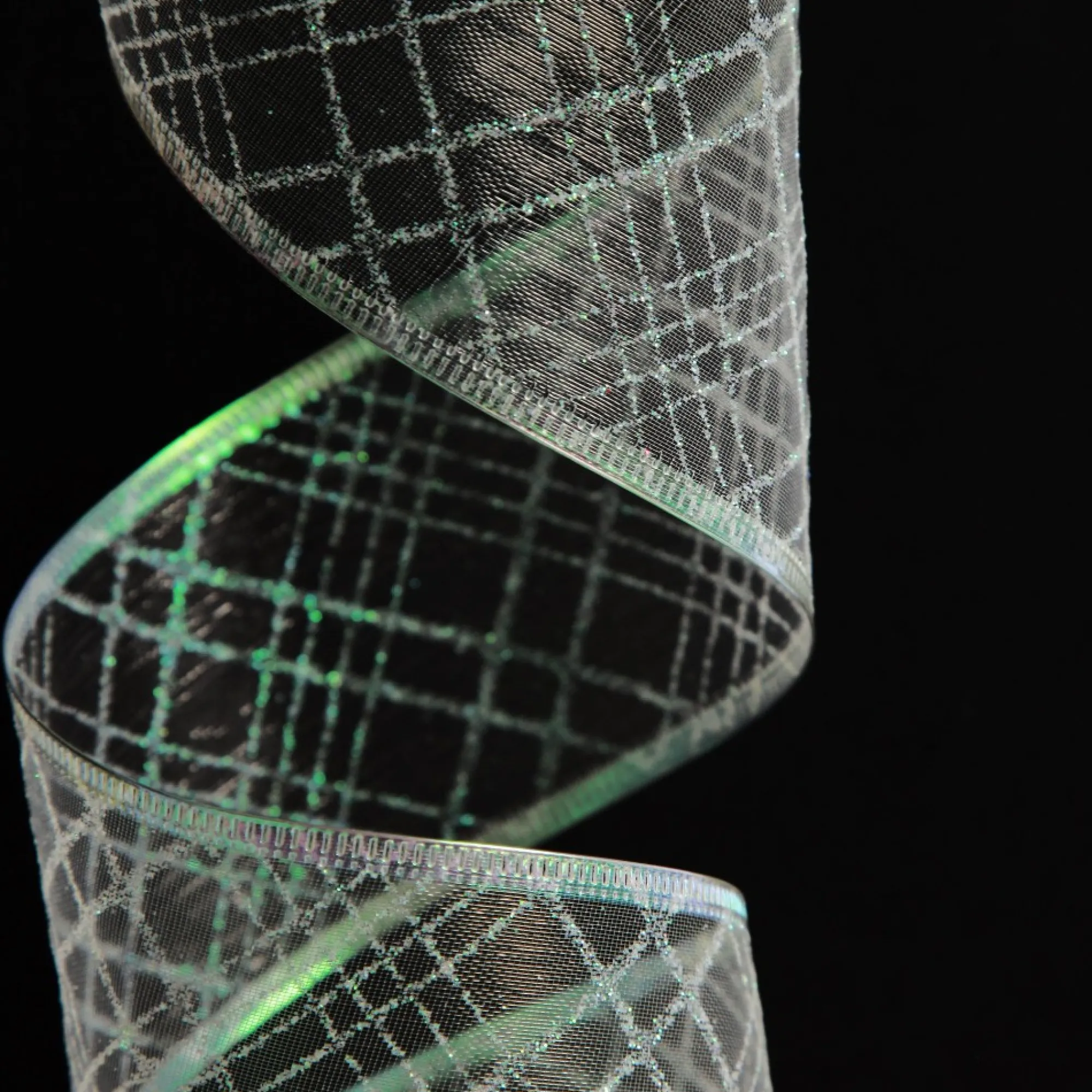 White Organza with White Glitter Pattern Wired Christmas Ribbon Sale