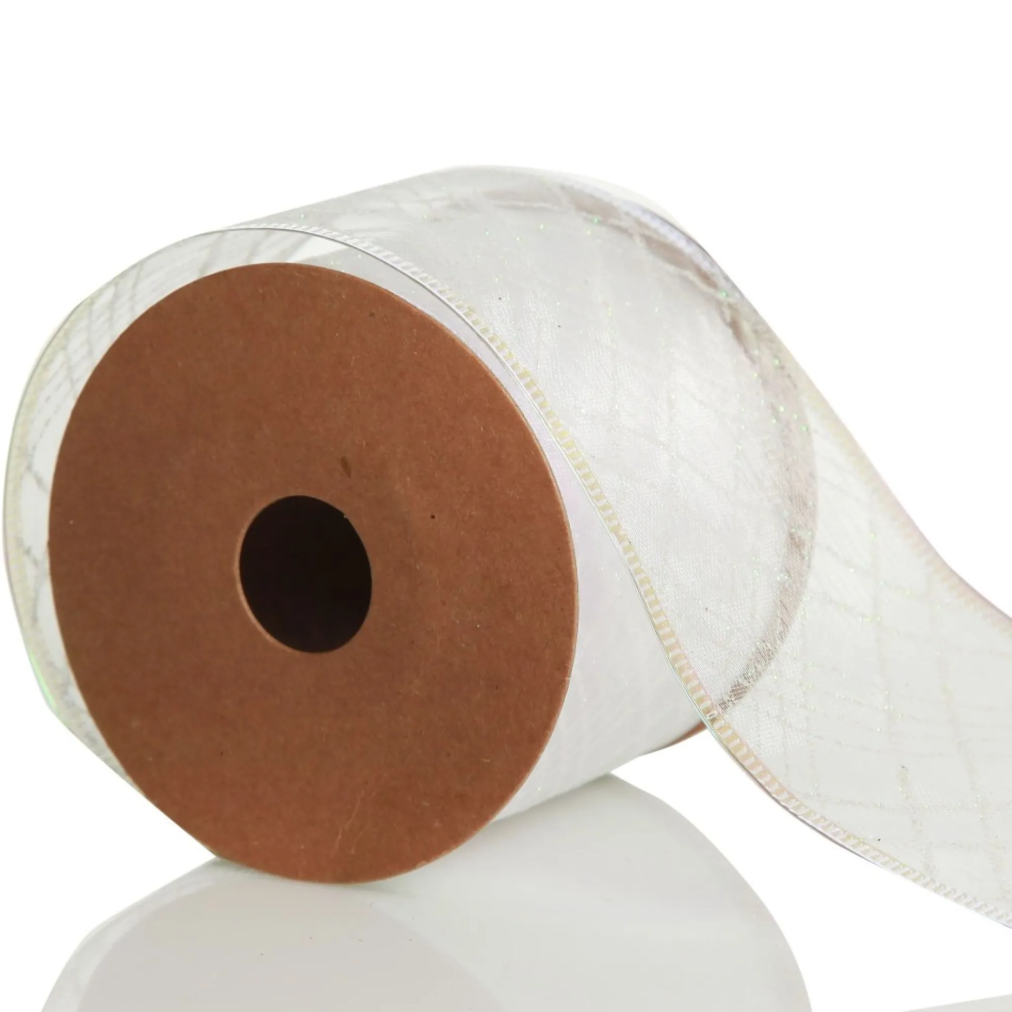 White Organza with White Glitter Pattern Wired Christmas Ribbon Sale