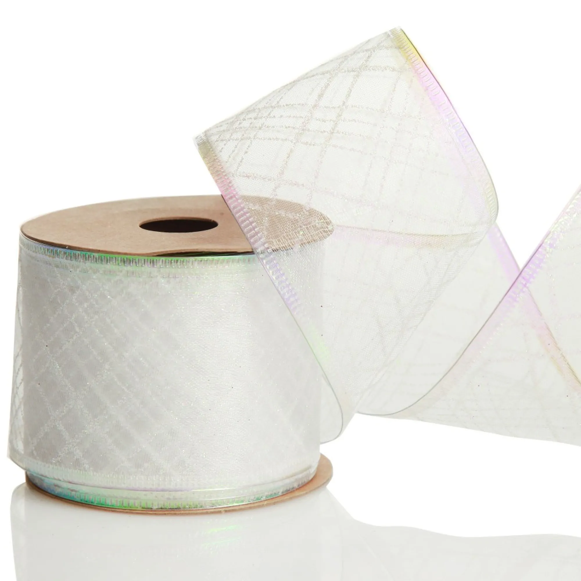 White Organza with White Glitter Pattern Wired Christmas Ribbon Sale