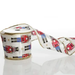 White Satin Ribbon with Blue and Red Nutcracker Print Online