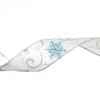 White Wired Christmas Ribbon with Blue and Silver Glitter Snowflakes - 3.8cm Cheap