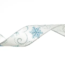 White Wired Christmas Ribbon with Blue and Silver Glitter Snowflakes - 3.8cm Cheap