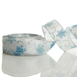 White Wired Christmas Ribbon with Blue and Silver Glitter Snowflakes - 3.8cm Cheap