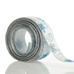White Wired Christmas Ribbon with Blue and Silver Glitter Snowflakes - 3.8cm Cheap