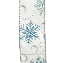 White Wired Christmas Ribbon with Blue and Silver Glitter Snowflakes - 3.8cm Cheap