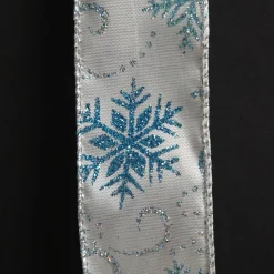 White Wired Christmas Ribbon with Blue and Silver Glitter Snowflakes - 3.8cm Cheap