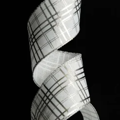 White with Silver Cross Pattern Wired Christmas Ribbon Clearance
