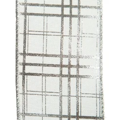 White with Silver Cross Pattern Wired Christmas Ribbon Clearance