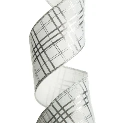 White with Silver Cross Pattern Wired Christmas Ribbon Clearance