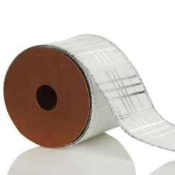 White with Silver Cross Pattern Wired Christmas Ribbon Clearance