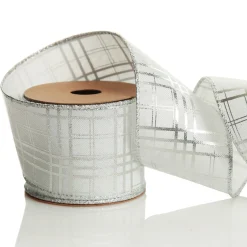 White with Silver Cross Pattern Wired Christmas Ribbon Clearance