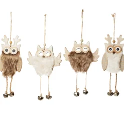 White Wood Owl Tree Decorations with Fur & Bells Best Sale