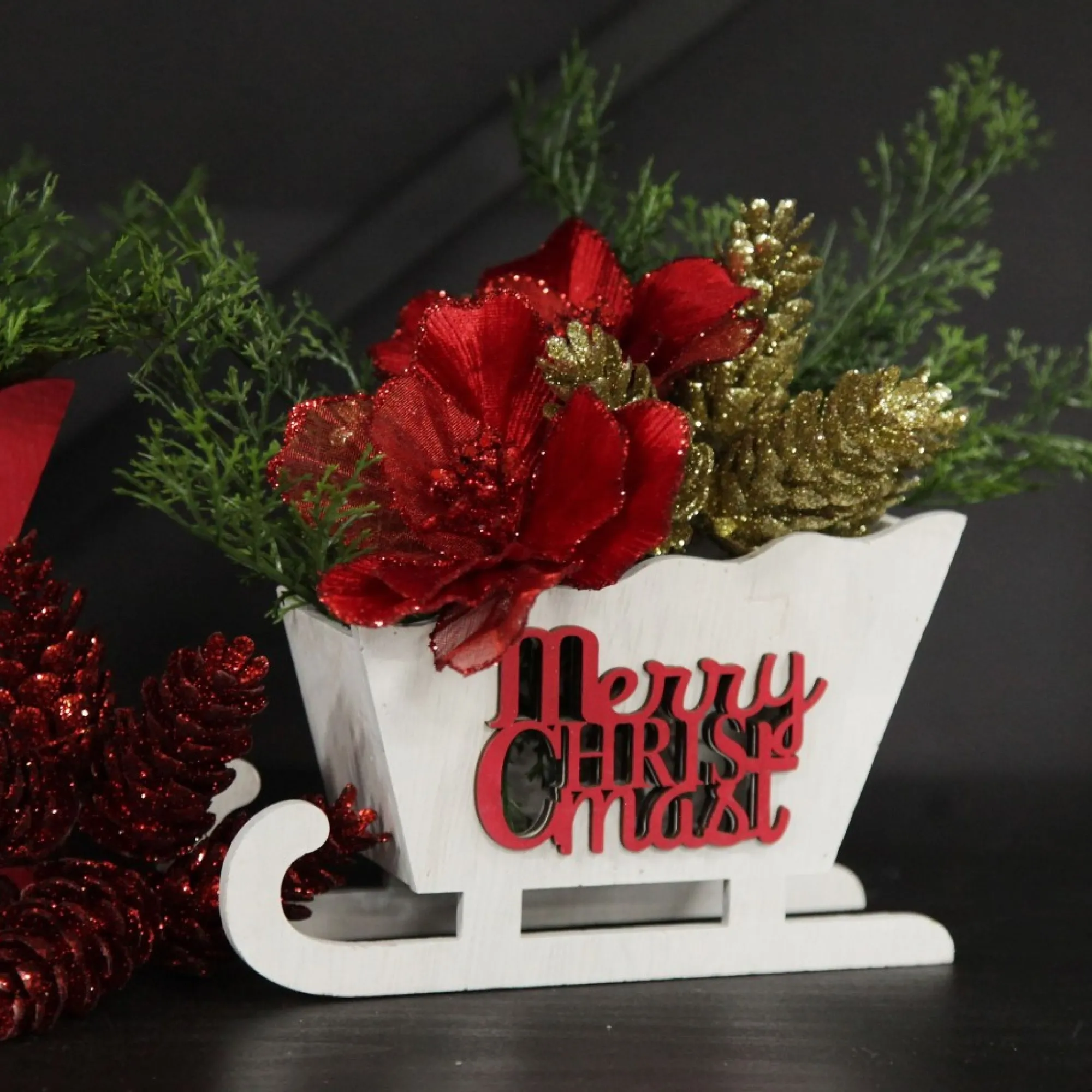 White Wooden Sleigh with Merry Christmas Store