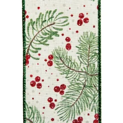 Wide White with Green Fir and Red Berry Ribbon - 6.5cm Sale