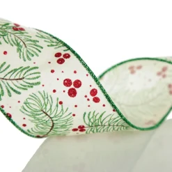 Wide White with Green Fir and Red Berry Ribbon - 6.5cm Sale