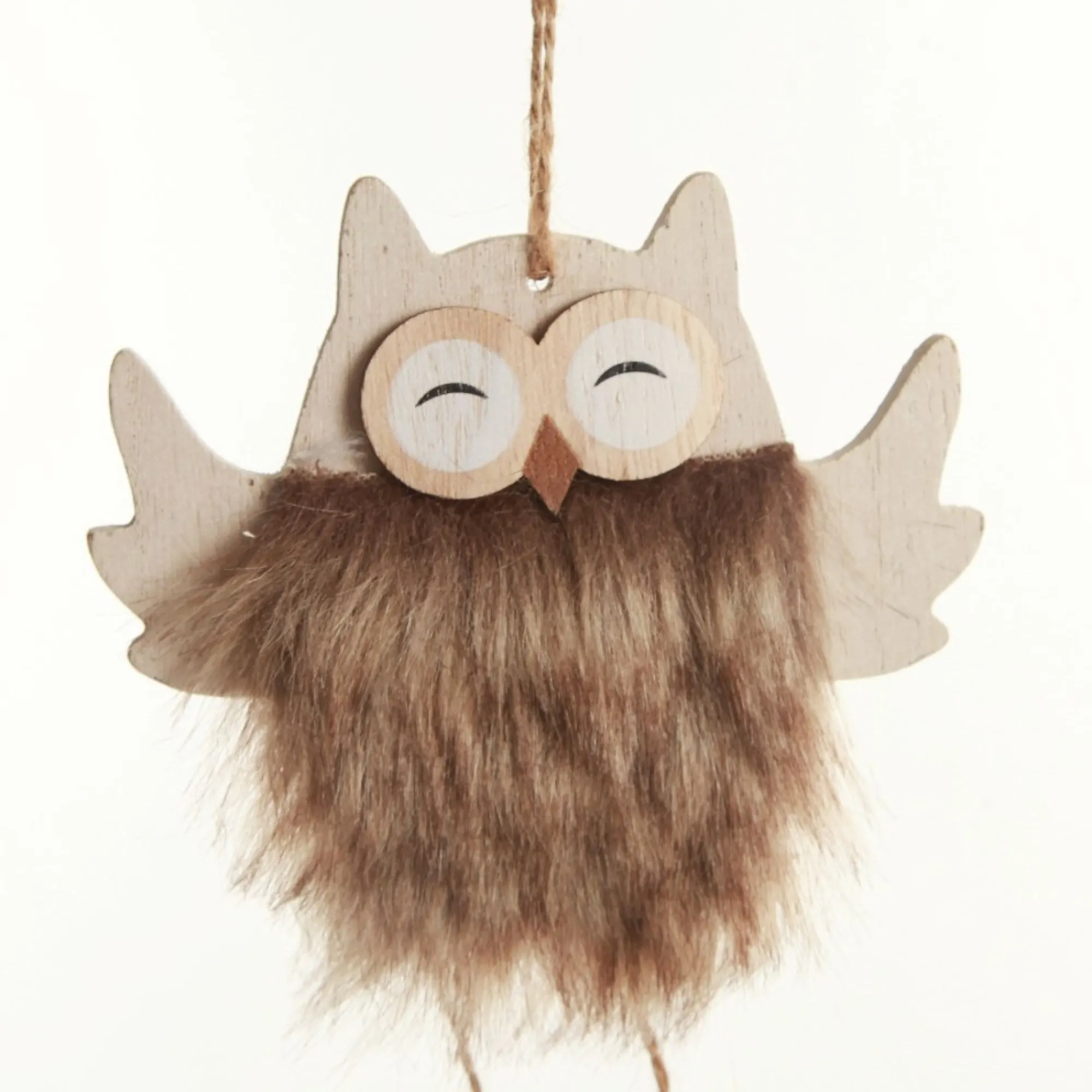 Wood Brown Owl with Closed Eyes Tree Decorations with Fur & Bells Online
