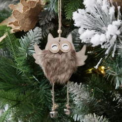 Wood Brown Owl with Closed Eyes Tree Decorations with Fur & Bells Online