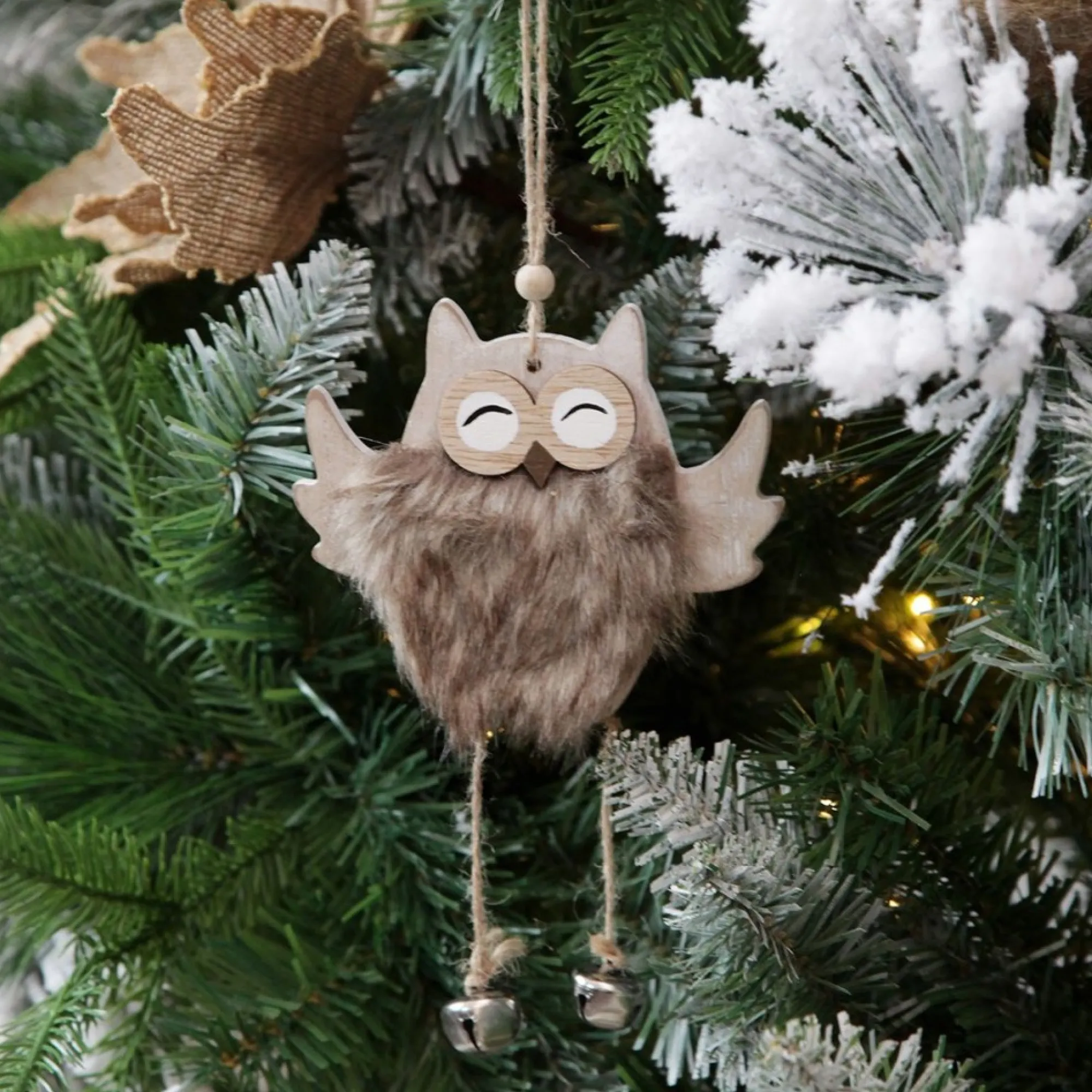 Wood Brown Owl with Closed Eyes Tree Decorations with Fur & Bells Online