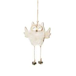 Wood White Owl with Closed Eyes Tree Decorations with Fur & Bells Store