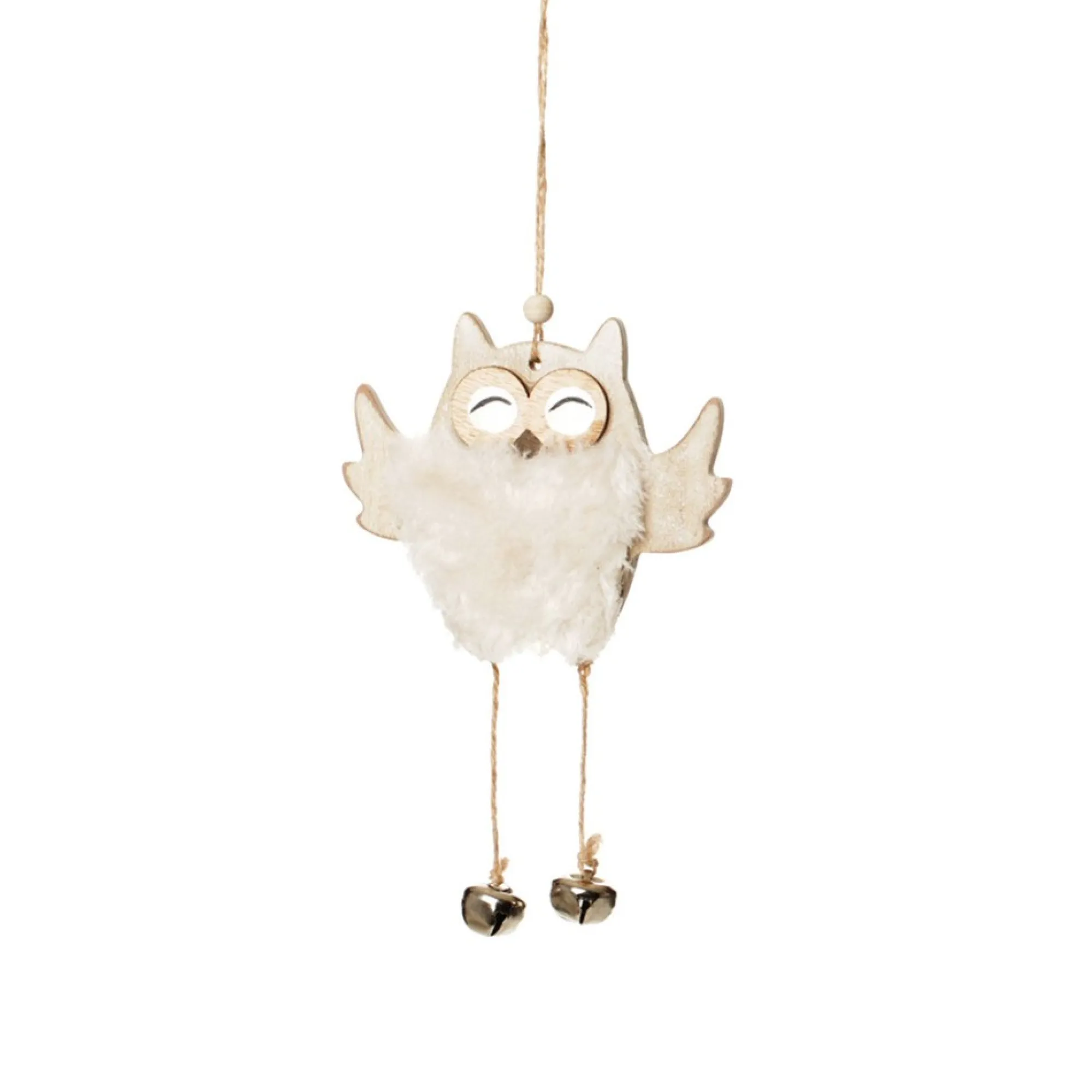 Wood White Owl with Closed Eyes Tree Decorations with Fur & Bells Store