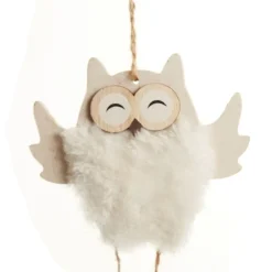 Wood White Owl with Closed Eyes Tree Decorations with Fur & Bells Store