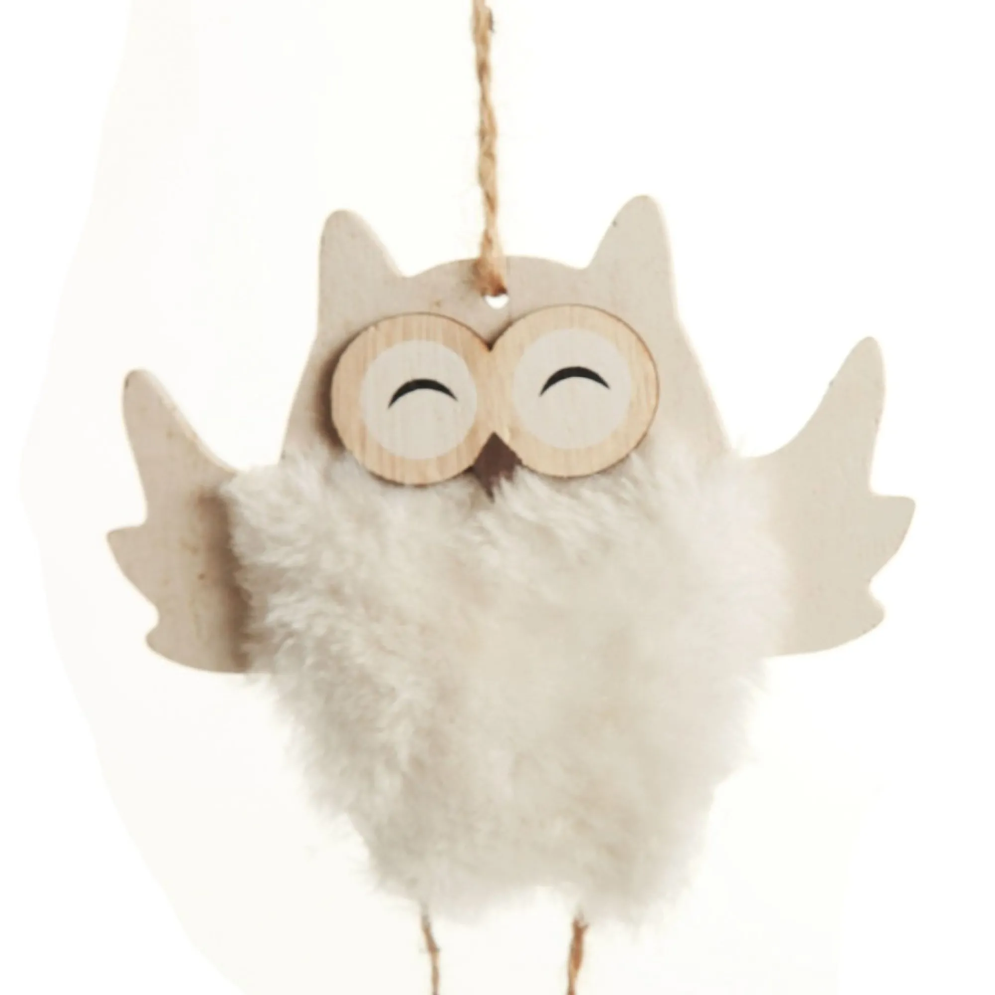 Wood White Owl with Closed Eyes Tree Decorations with Fur & Bells Store