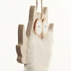 Wood White Owl with Closed Eyes Tree Decorations with Fur & Bells Store